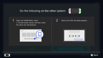 Stap 1 van het koppelen van Nintendo Switch consoles voor het delen van virtuele Game Cards: Het scherm vraagt de gebruiker om het HOME-menu te openen, het pictogram Virtuele Game Cards te selecteren en vervolgens zijn gebruikersprofiel te selecteren op het andere Nintendo Switch-systeem dat hij wil koppelen.