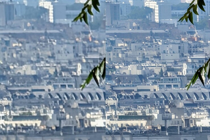 Pro Res zoom werkt beter in steden (Links: onbewerkt, Rechts: AI-geoptimaliseerd) (Afbeeldingsbron: Cnet)