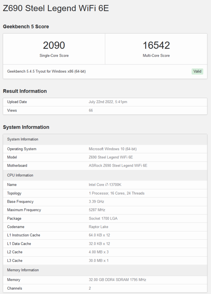 Intel Core i7-13700K Geekbench listing (afbeelding via Geekbench)