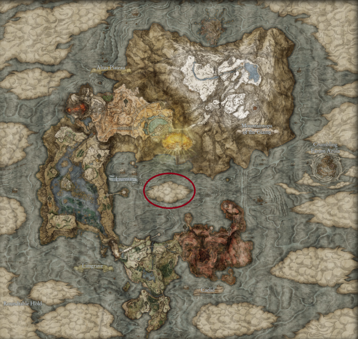 Potentiële locatie Shadow of the Erdtree in The Lands Between (Afbeelding via Map Genie, bewerkt)