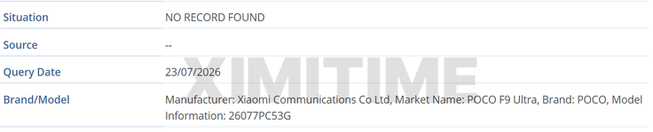 Vermelding van de Poco F9 Ultra in de IMEI-database van de GSMA.