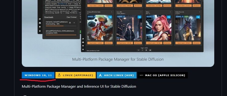 Een screenshot van de GitHub-pagina van Stability Matrix met de knop Windows 10/11 downloaden gemarkeerd. (Afbeeldingsbron: Windows Screen Capture)