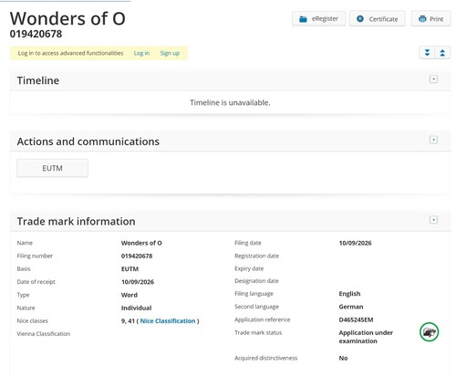 Wonders of O-handelsmerkaanvraag nr. 1