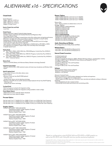 Alienware x16 met Intel Raptor Lake-H - Specificaties. (Bron: Dell)