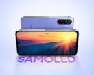 Samsung Galaxy F70 5G van voren en achteren getoond in een paarse uitvoering