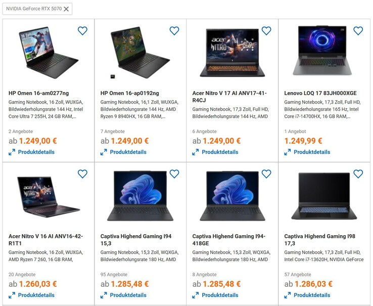 De meest betaalbare RTX 5070 laptops (beeldbron: Screenshot idealo)