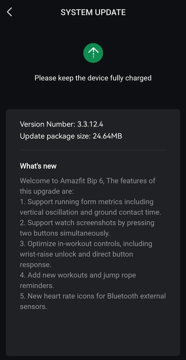 De release notes voor softwareversie 3.3.12.4 voor de Amazfit Bip 6 smartwatch. (Afbeeldingsbron: Reddit)