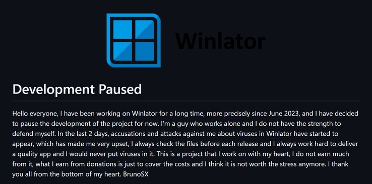 BrunoSX's bericht over het stopzetten van de ontwikkeling van Winlator (Afbeeldingsbron: GitHub)