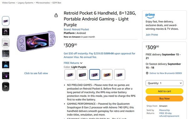 De Retroid Pocket 6 die op Amazon wordt verkocht, heeft de linker thumbstick boven de D-pad.