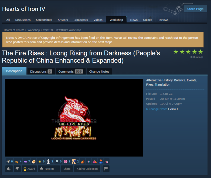 De DMCA-kennisgeving op de Steam-community pagina van The Fire Rises : Loong Rising from Darkness. (Afbeeldingsbron: Steam)