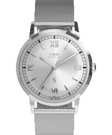 Timex x Todd Snyder Marlin Mesh-polshorloge met een zilveren wijzerplaat met zonnestraalpatroon en een Milanese armband.