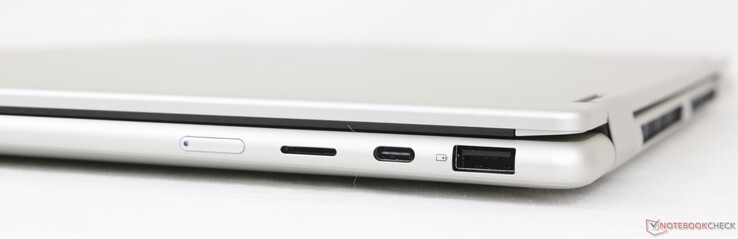 Rechts: Aan/uit-knop, MicroSD-lezer, USB-C (10 Gbps) met DisplayPort 1.4a + Power Delivery, USB-A (5 Gbps)