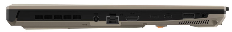 linkerkant: stroomaansluiting, Gigabit Ethernet, HDMI, USB 4 (USB-C; DisplayPort), USB 3.2 Gen 2 (USB-C; DisplayPort, Power Delivery), USB 3.2 Gen 1 (USB-A), audio combo
