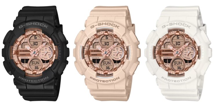 Van links naar rechts: de Casio G-Shock GMA-S140PG-1A, GMA-S140PG-4A en GMA-S140PG-7A horloges