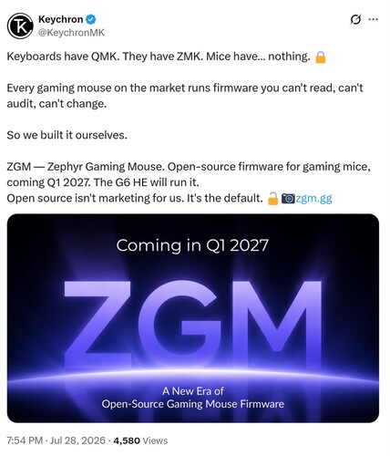 Aankondiging van de Keychron ZGM-firmware op X