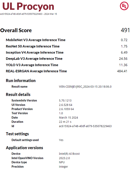 UL Procyon NPU Integer testresultaten