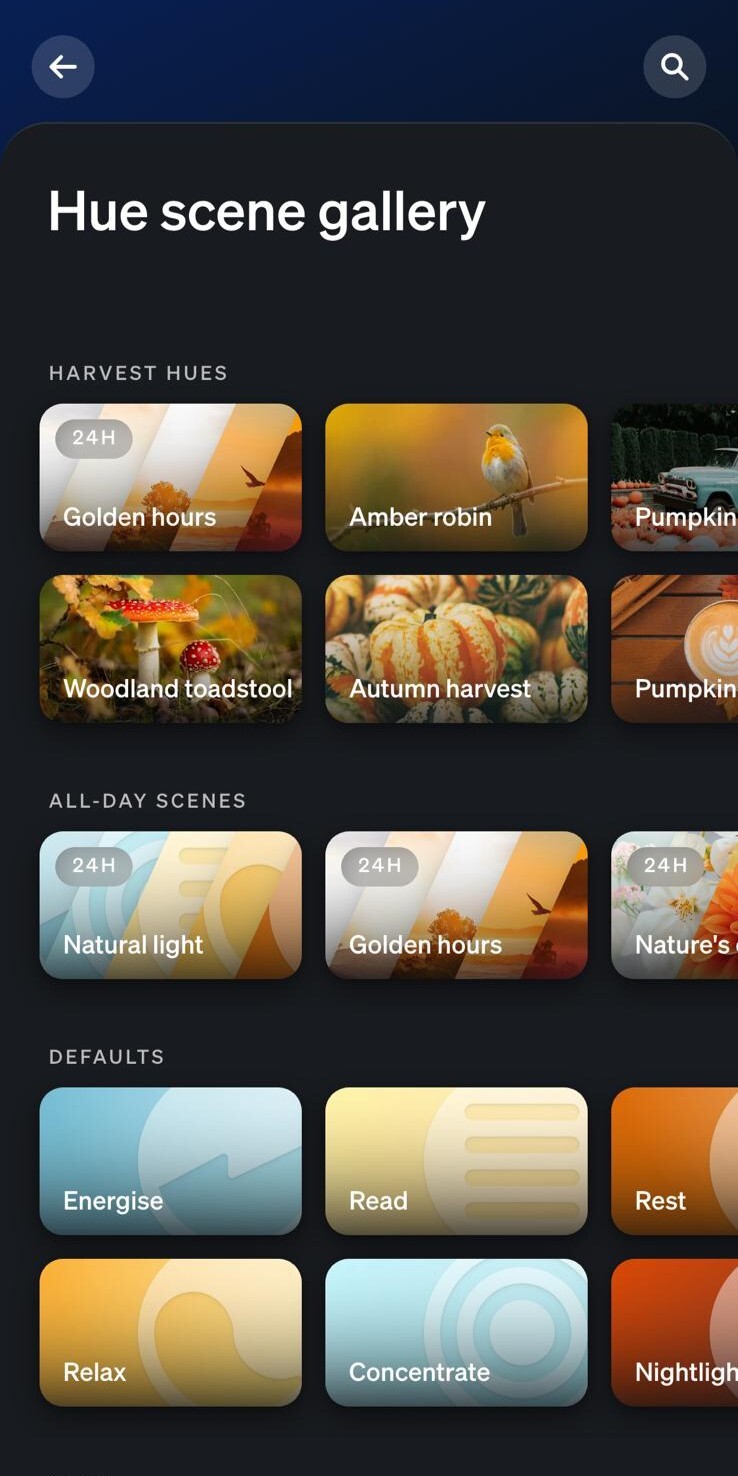 Een screenshot van de nieuwe Harvest Hues-collectie in de scèngalerij van de Philips Hue-app. (Afbeeldingsbron: Eigen)