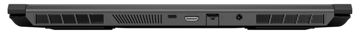 Achterzijde: USB 3.2 Gen 2 (Type-C; DisplayPort 1.4, G-Sync), HDMI 2.1 (met HDCP 2.3), Gigabit Ethernet, stroomvoorziening