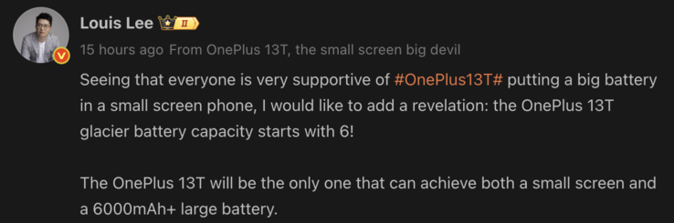 Louis Lee, voorzitter van OnePlus China, plaagt een grote batterij voor de aankomende OnePlus 13T. (Afbeeldingsbron: Weibo - machine vertaald)
