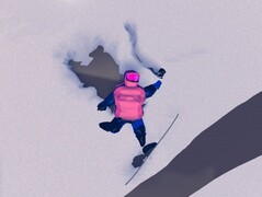 Afgebeeld: Mislukte stunt, spelerspersonage in de sneeuw gevallen, afgebeeld met de fotomodus in het spel (Bron: Screenshot van Studio Gauntlet's Sno: Ultimate Freeriding)