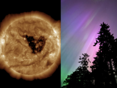 Een geomagnetische storm in deze tijd van het jaar is belangrijk vanwege het Russell-McPherron-effect. Afgebeeld - coronaal gat in de zon (links) en noorderlicht (rechts) (Afbeeldingsbron: NOAA, Anubhav Sharma/Notebookcheck)