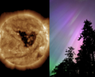 Een geomagnetische storm in deze tijd van het jaar is belangrijk vanwege het Russell-McPherron-effect. Afgebeeld - coronaal gat in de zon (links) en noorderlicht (rechts) (Afbeeldingsbron: NOAA, Anubhav Sharma/Notebookcheck)
