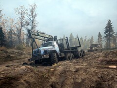 Een afbeelding uit het spel MudRunner met twee voertuigen. (Afbeeldingsbron: Steam)
