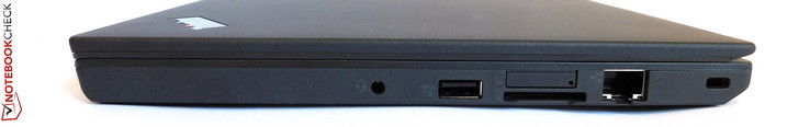 rechts: 3.5-mm gecombineerde stereo-aansluiting, USB 3.0, SD-kaartlezer, SIM-Slot, Ethernet, Kensington Lock