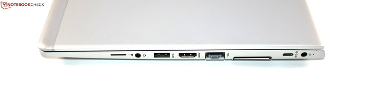 Rechts: SIM-kaartsleuf, audio-combopoort, USB 3.0 Type A, HDMI, Gigabit LAN, docking-poort, USB Type-C, stroom