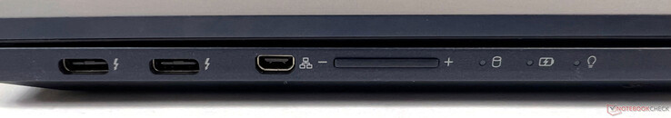 Aansluitingen links: 2x Thunderbolt 4 (40GBit/s, DisplayPort ALT-modus 1.4, Power Delivery 3.0), 1x Micro HDMI (voor LAN)