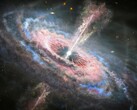 Een illustratie van een zwart gat en een quasar.
