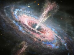 Een illustratie van een zwart gat en een quasar.
