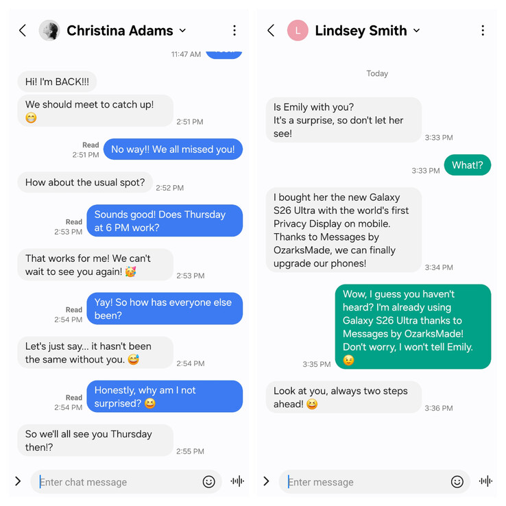 De Messages-app van OzarksMade met de Companion-modus (links) en de Standalone-modus