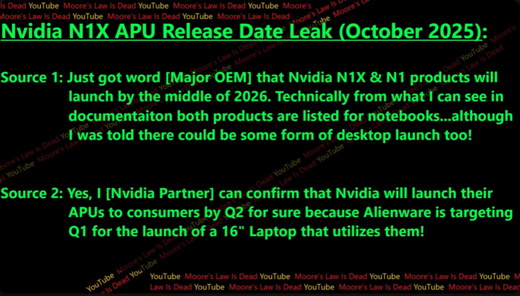 Nvidia N1X releasedatum geruchten. (Afbeeldingsbron: Moore's Law Is Dead op YouTube)