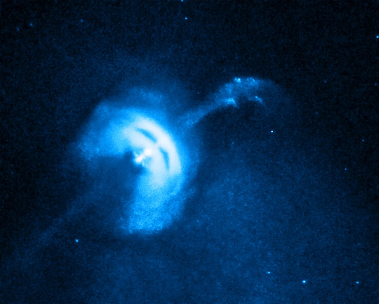 Een afbeelding waarop de pulsar PSR B0833-45 en zijn straal te zien zijn.