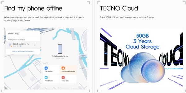 De Camon 50-serie heeft een offline functie Zoek mijn telefoon en drie jaar gratis cloud-opslag.