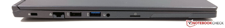 Links: Kensington-slot, Ethernet, USB-A 2.0, USB-A 3.2 (Gen. 1), hoofdtelefoonaansluiting, microSD-kaartlezer