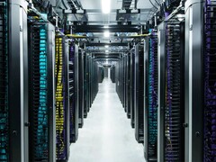 Rijen serverracks van het Meta-datacenter met kleurgecodeerde bekabeling en bovengrondse voedingssystemen in een computerhal met hoge dichtheid. (Afbeelding Bron: Meta)