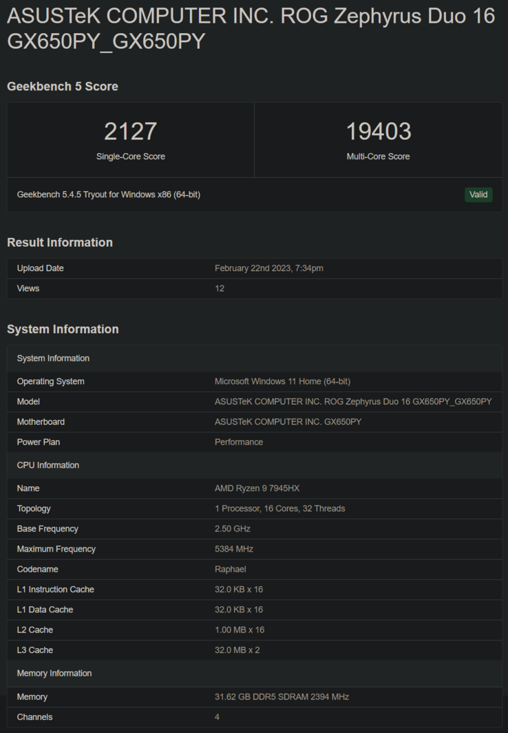 AMD Ryzen 9 7945HX op Geekbench (afbeelding via Geekbench)