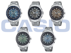 Op de bovenste rij zien we (van links naar rechts) de Casio OCW-S7000RA-2AJF, OCW-T2600RA-8AJF en de OCW-S7000RA-5AJF. Op de onderste rij zien we (van links naar rechts) de Casio OCW-S400RA-3AJF en OCW-S400RA-2AJF. (Afbeeldingsbron: Casio)