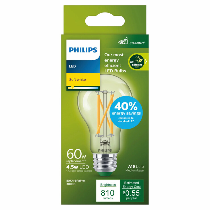 De Philips Ultra Efficient LED 60W A19 Light Bulb, Soft White. (Afbeelding bron: Philips)