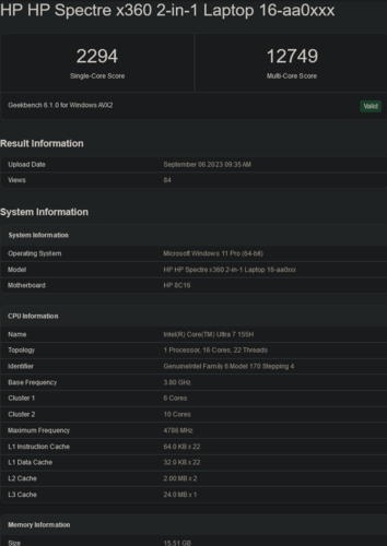 Ultra 7 155H (afbeelding Bron: Geekbench)