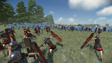 Een afbeelding die een veldslag tussen de Julii en de Britten in Total War: Rome Remastered toont.