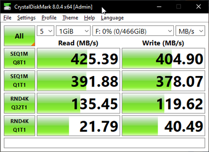 CrystalDiskMark 8 op mijn PC, hoewel dit waarschijnlijk een fout is veroorzaakt door mijn PC hardware.