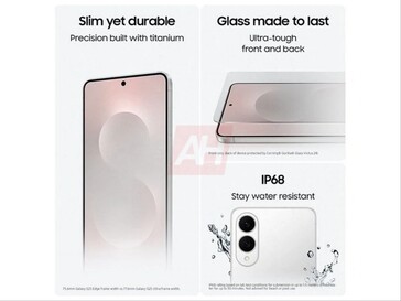 Galaxy Uitgelekte productafbeelding van S25 Edge toont IP68 waterdichtheid, titanium en glazen ontwerp. (Afbeeldingsbron: Android Headlines)