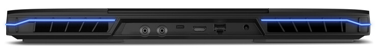 Op de achterkant: 2x aansluiting voor waterkoeling, Thunderbolt 4 (USB-C; DisplayPort), HDMI 2.1, Gigabit Ethernet, voedingspoort