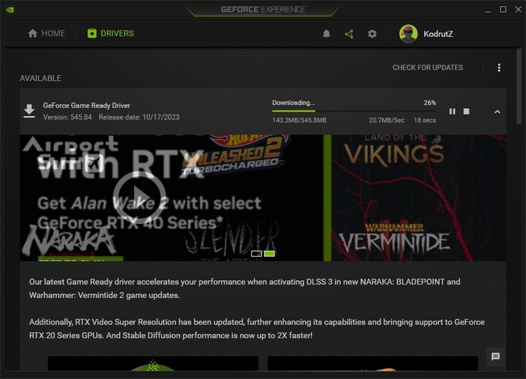 Nvidia GeForce Game Ready Driver 545.84 downloaden in GeForce Ervaring (Bron: Eigen)