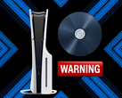 PS5-console afgebeeld naast een schijf en een waarschuwingssticker