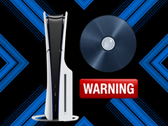 PS5-console afgebeeld naast een schijf en een waarschuwingssticker