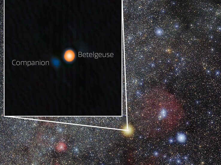 Een foto van het sterrenbeeld Orion, met de locatie van Betelgeuse en Siwarha (Afbeeldingsbron: NOIRLab en Eckhard Slawik; bijgesneden)